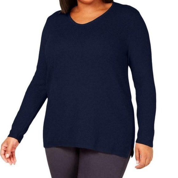 Karen Scott Sweaters - Karen Scott Navy Blue Textured V Neck Knit Sweater